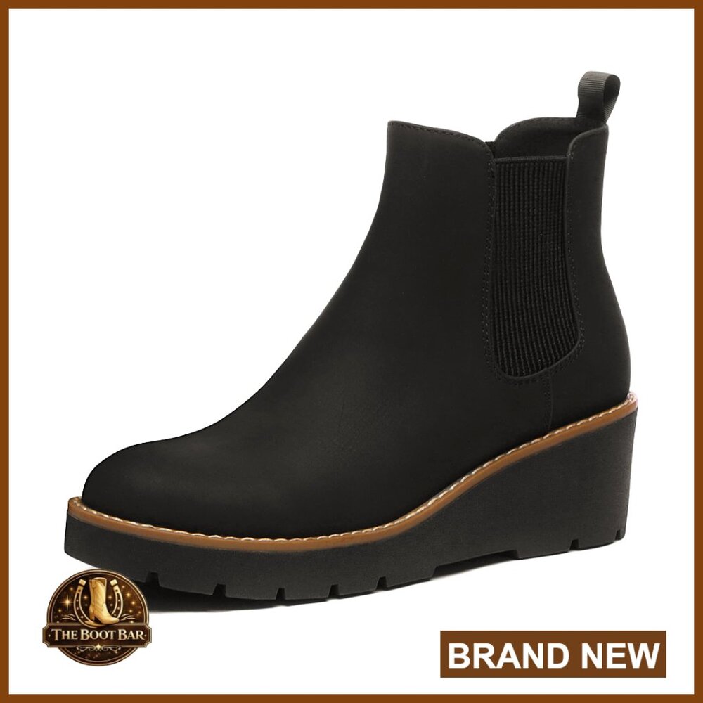 Leather Chelsea Wedge Boots Slip-On Platform Lug Sole Ankle Booties
